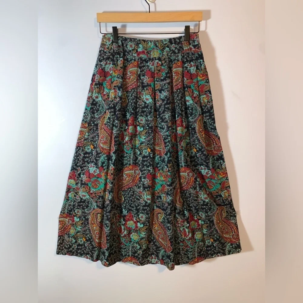 Hunt Club Floral Paisley midi corduroy pleated skirt teal blue burgundy size 10